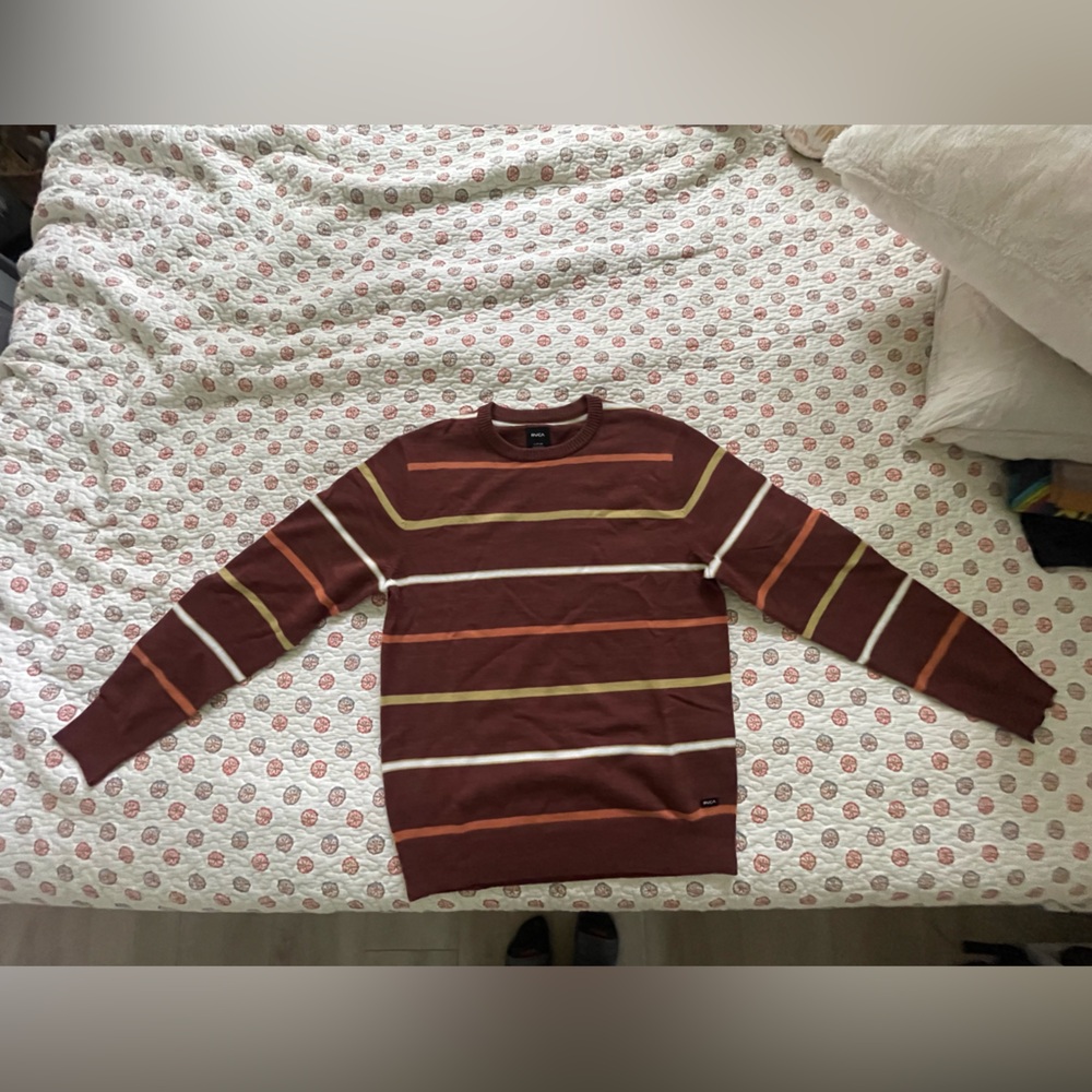 RVCA Men’s Sweater, Brown with orange, yellow, and white horizontal stripes